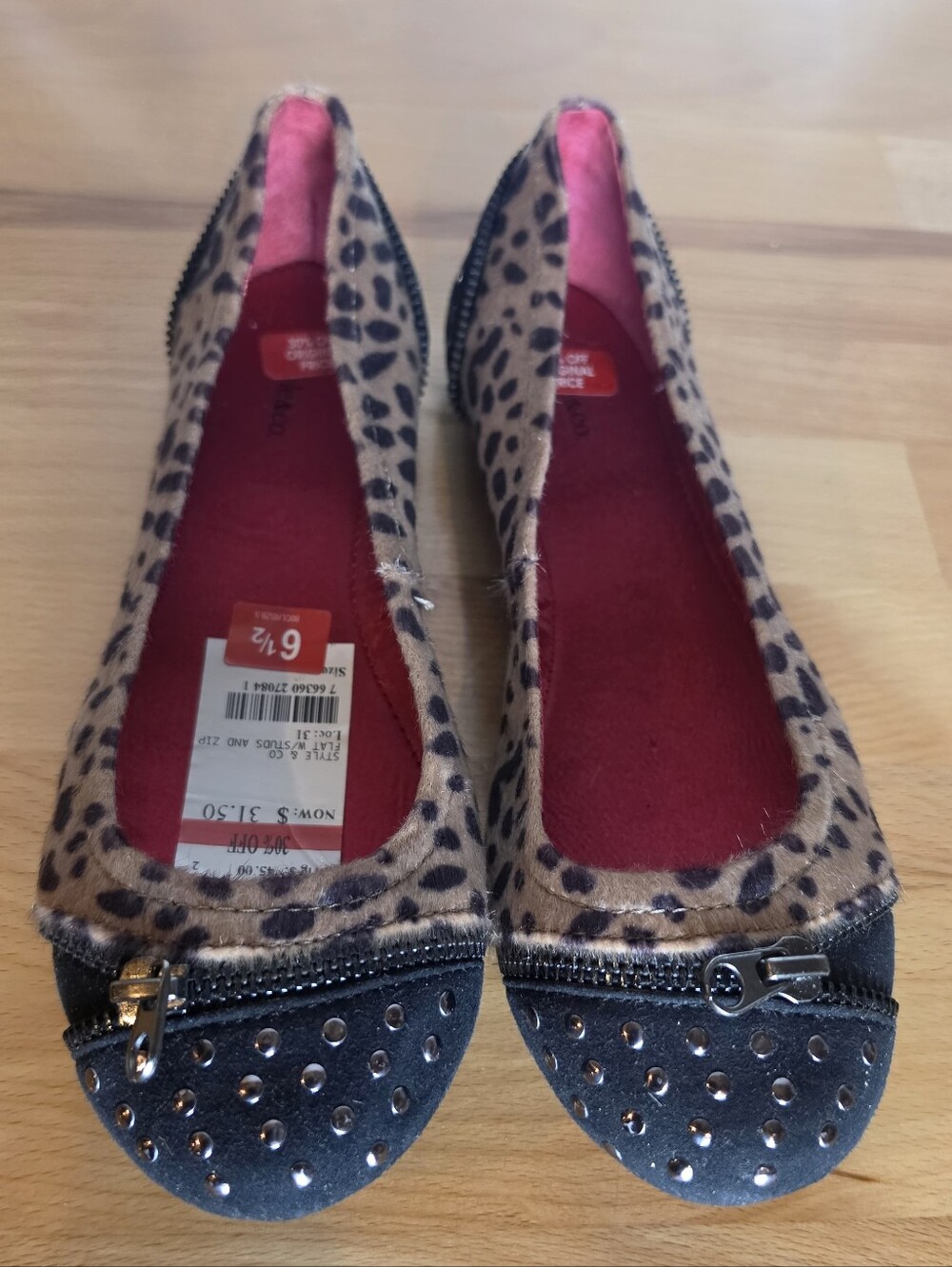 Style & Co Leopard Print Flats 6.5M Studded Zipper Ballet Edgy Rocker Eclectic